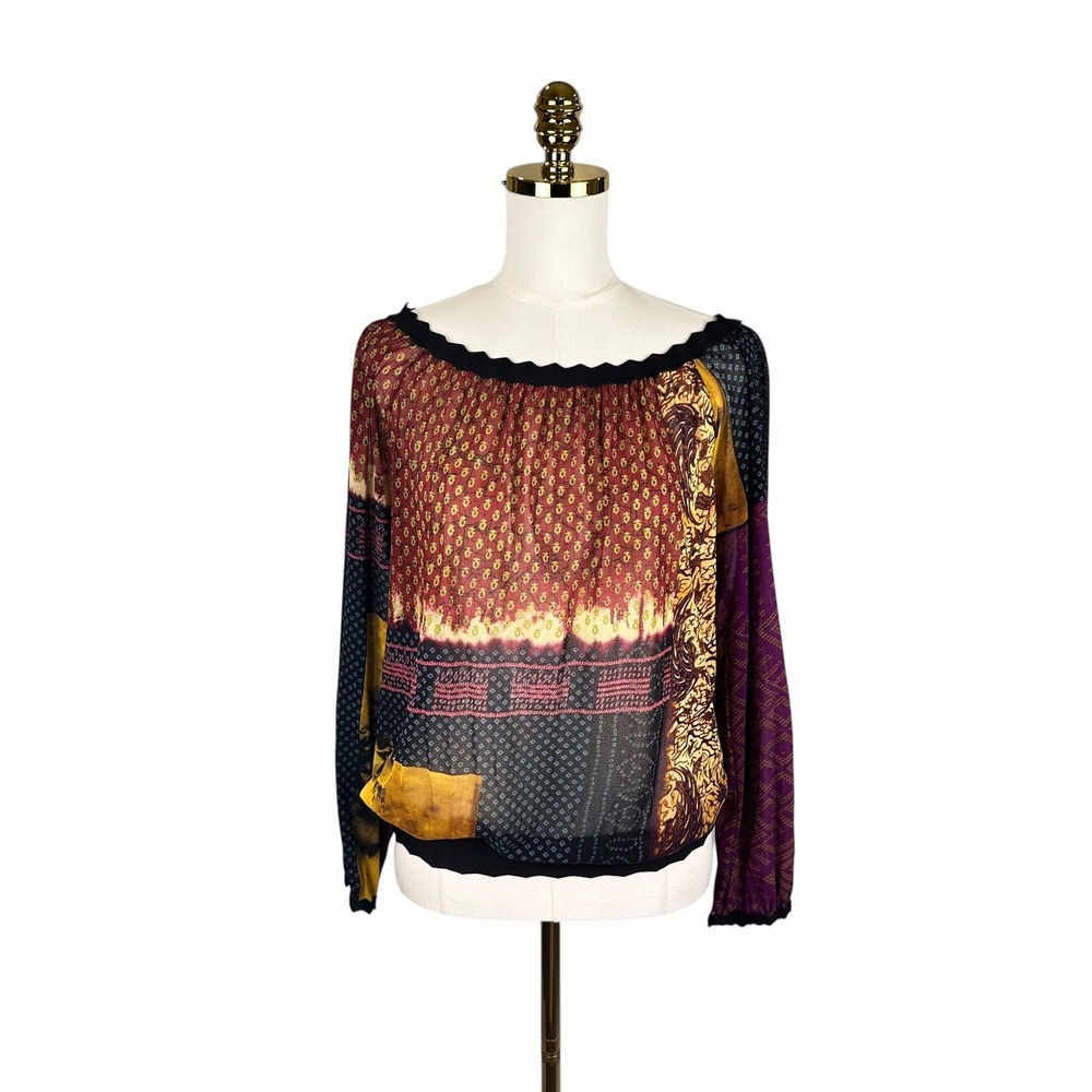 Vintage Desigual Wanda Patchwork Blouse Y2K Boho Mesh Multi Pattern Top M Artsy